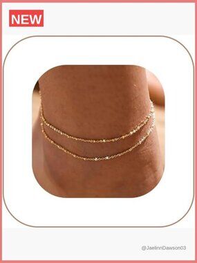 14k Gold Anklet Set, Cuban Link Heart Beads Herringbone Layered Ankle Bracelets